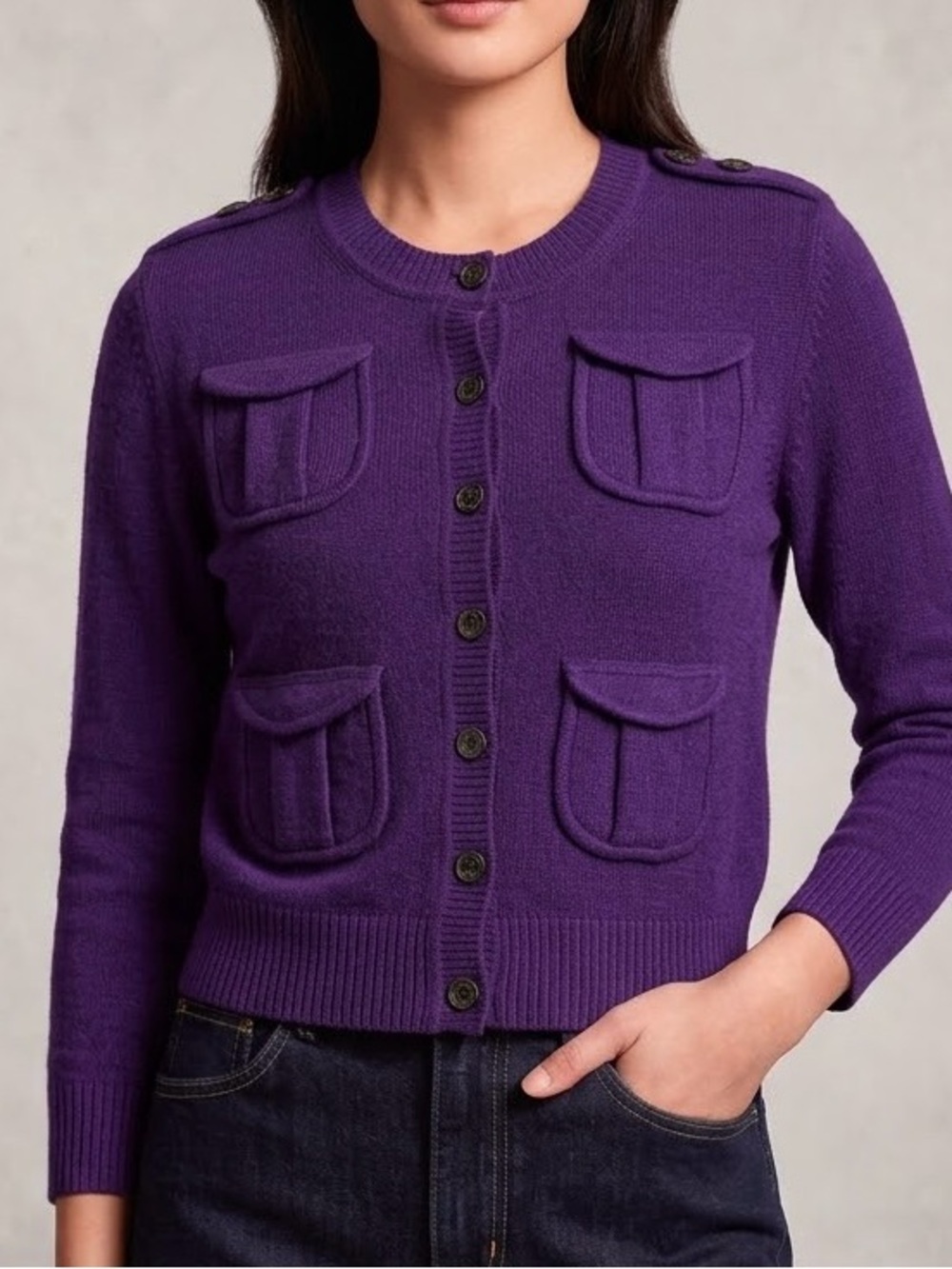 Diane von Furstenberg Purple Cashmere Military Cropped Cardigan Academia S